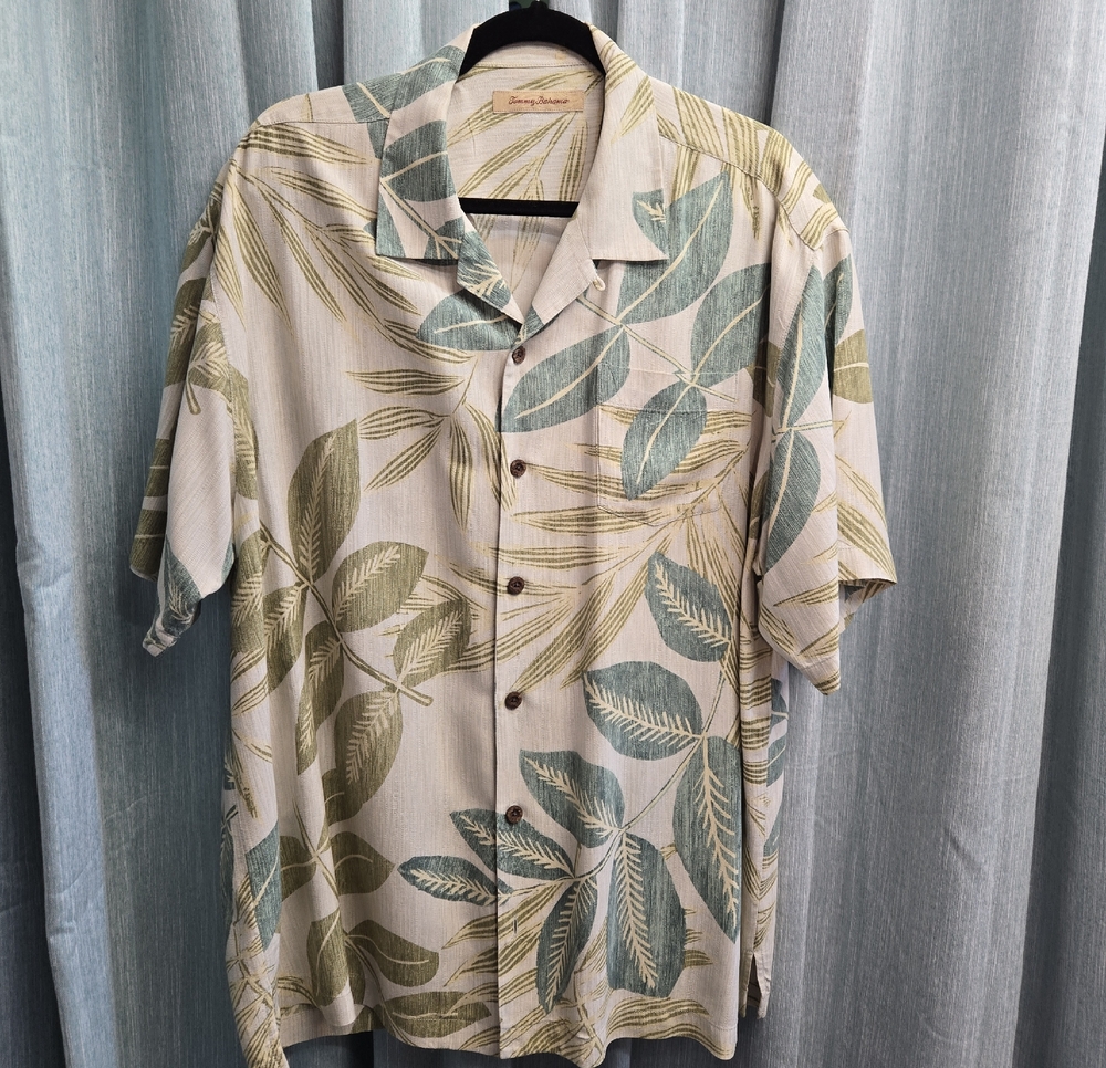 Tommy Bahama Silk Cream Shirt with Green Leaf Print